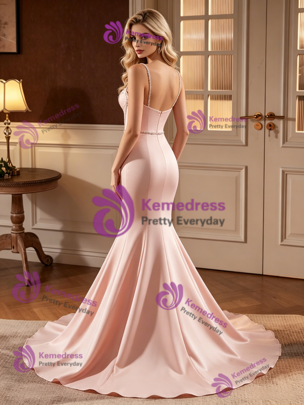 Pink Mermaid Satin Spaghetti Straps Beading Prom Dress