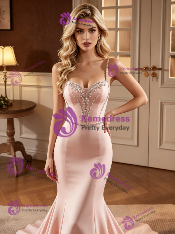 Pink Mermaid Satin Spaghetti Straps Beading Prom Dress