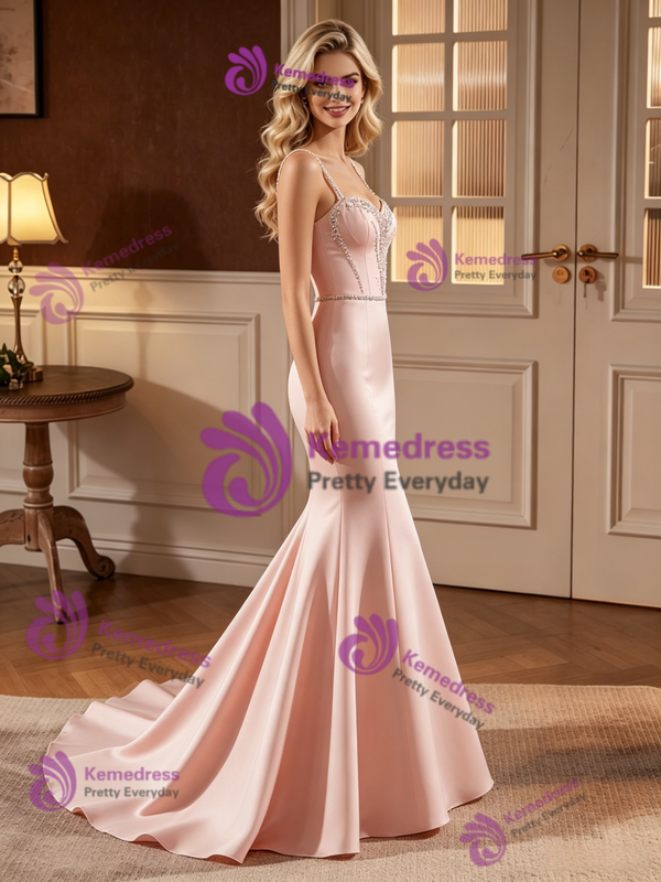 Pink Mermaid Satin Spaghetti Straps Beading Prom Dress