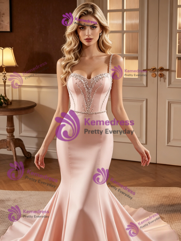 Pink Mermaid Satin Spaghetti Straps Beading Prom Dress