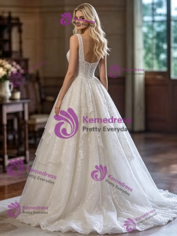 Beige White Sequins Straps Wedding Dress