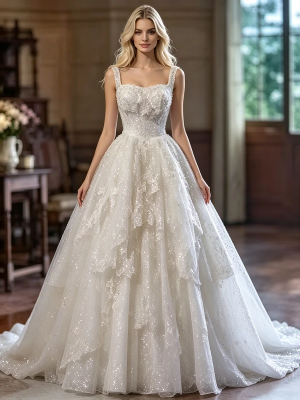 Beige White Sequins Straps Wedding Dress