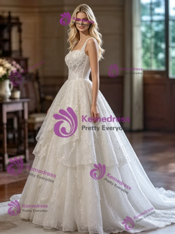 Beige White Sequins Straps Wedding Dress