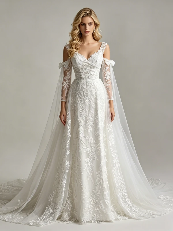 White Tulle Straps Appliques Long Sleeve Wedding Dress