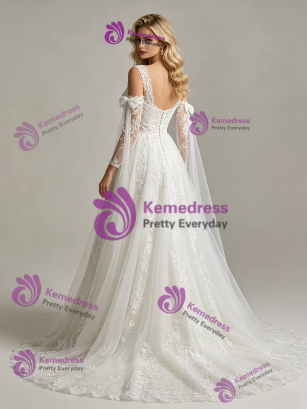 White Tulle Straps Appliques Long Sleeve Wedding Dress