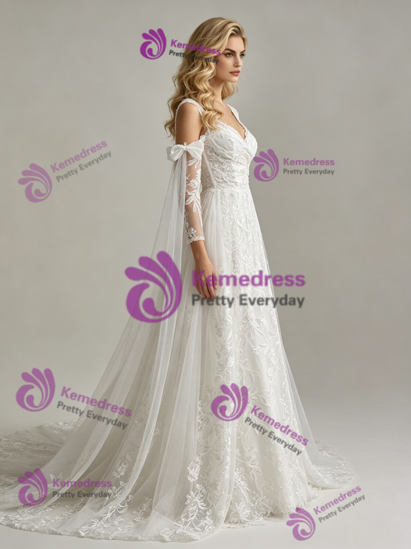 White Tulle Straps Appliques Long Sleeve Wedding Dress