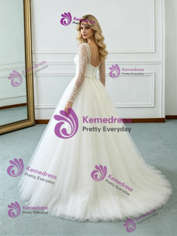 White Tulle Long Sleeve Beading Wedding Dress