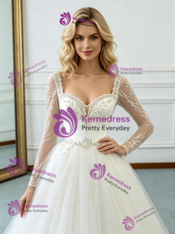White Tulle Long Sleeve Beading Wedding Dress