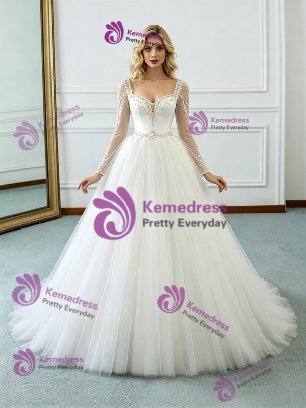 White Tulle Long Sleeve Beading Wedding Dress