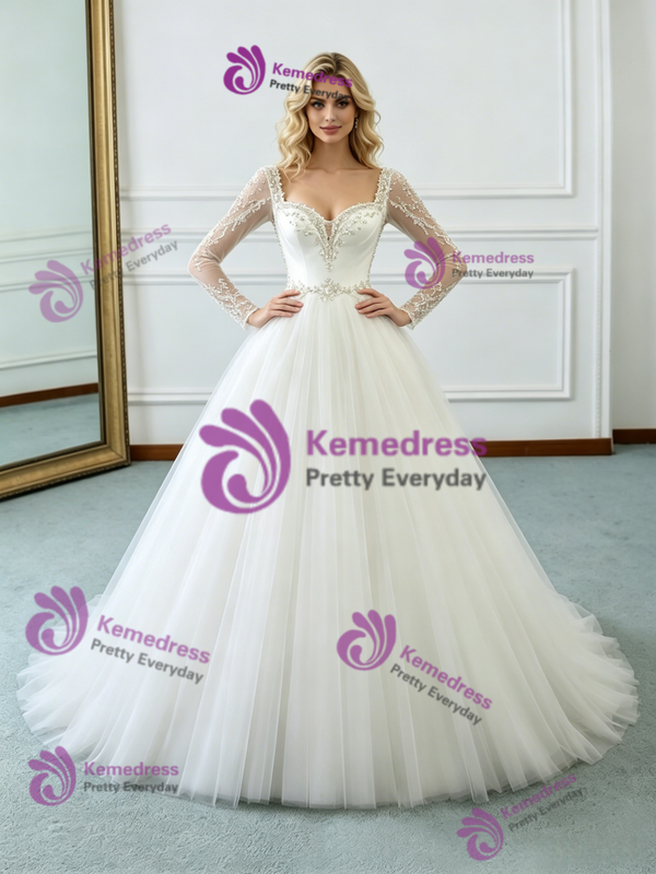 White Tulle Long Sleeve Beading Wedding Dress