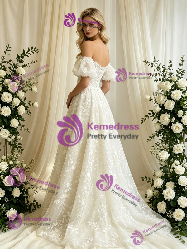 White Lace Off the Shoulder Puff Sleeve Wedding Dress