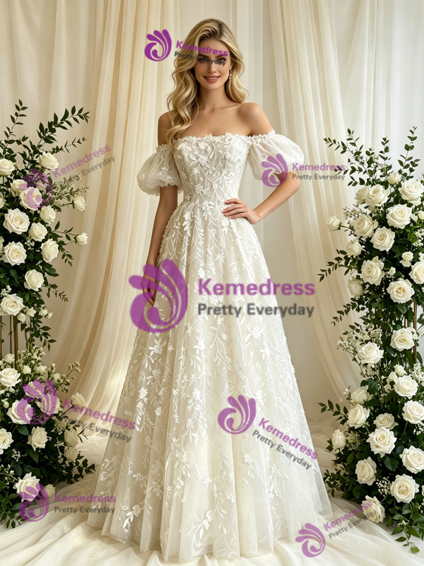 White Lace Off the Shoulder Puff Sleeve Wedding Dress