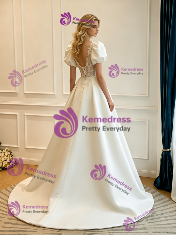 White Satin Puff Sleeve Lace Wedding Dress