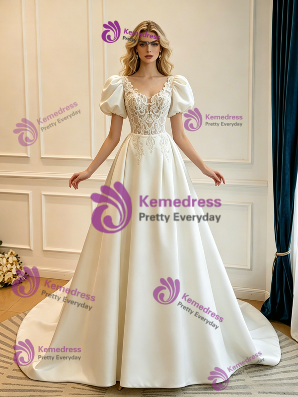 White Satin Puff Sleeve Lace Wedding Dress