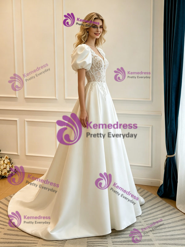 White Satin Puff Sleeve Lace Wedding Dress