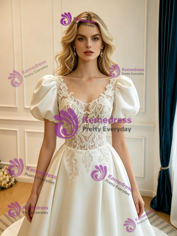 White Satin Puff Sleeve Lace Wedding Dress