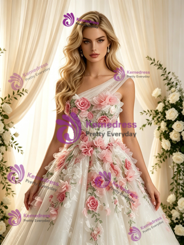 White Tulle Lace One Shoulder Wedding Dress