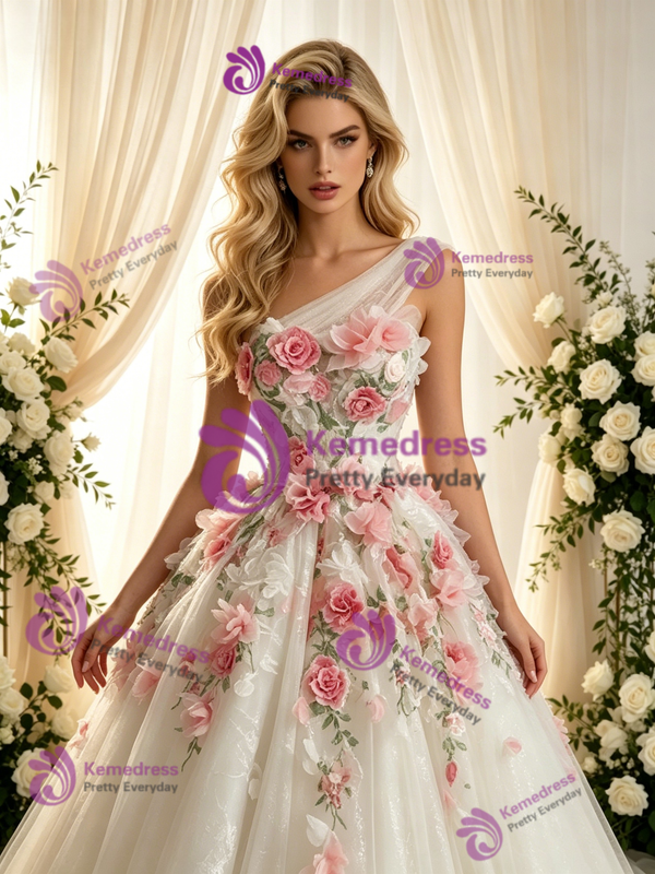 White Tulle Lace One Shoulder Wedding Dress