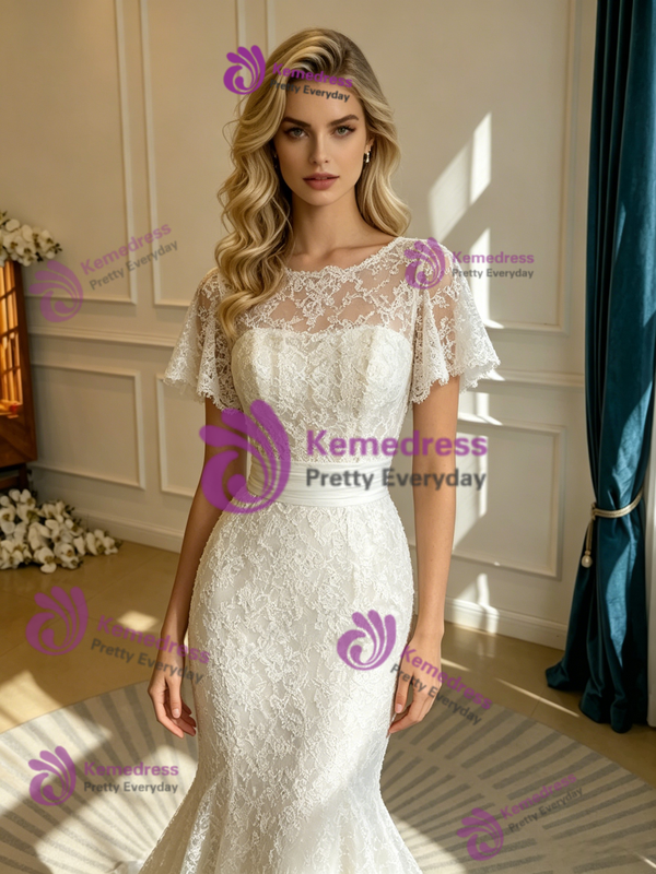 White Mermaid Lace Scoop Neck Wedding Dress