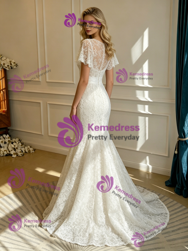 White Mermaid Lace Scoop Neck Wedding Dress