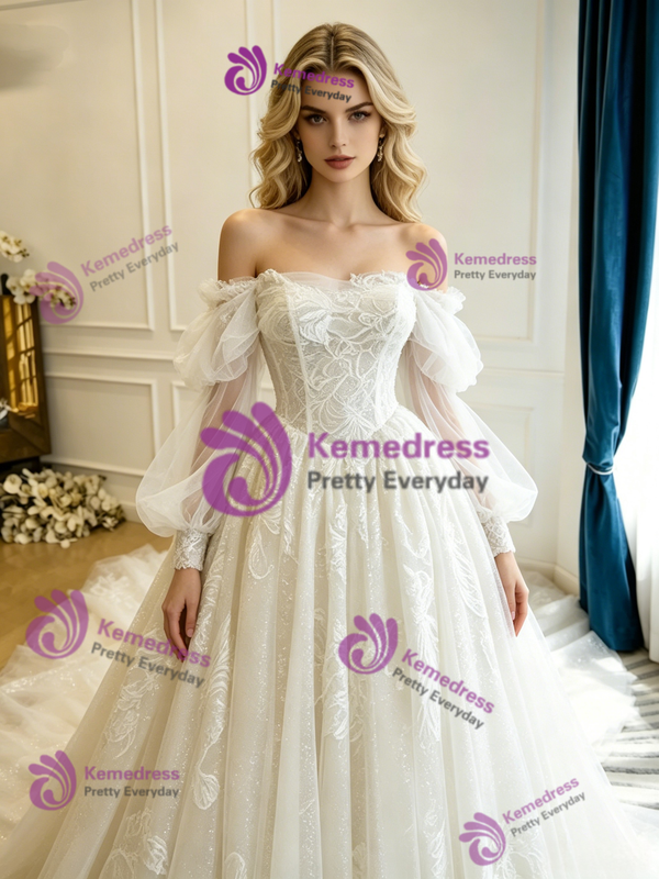 White Tulle Lace Long Sleeve Wedding Dress