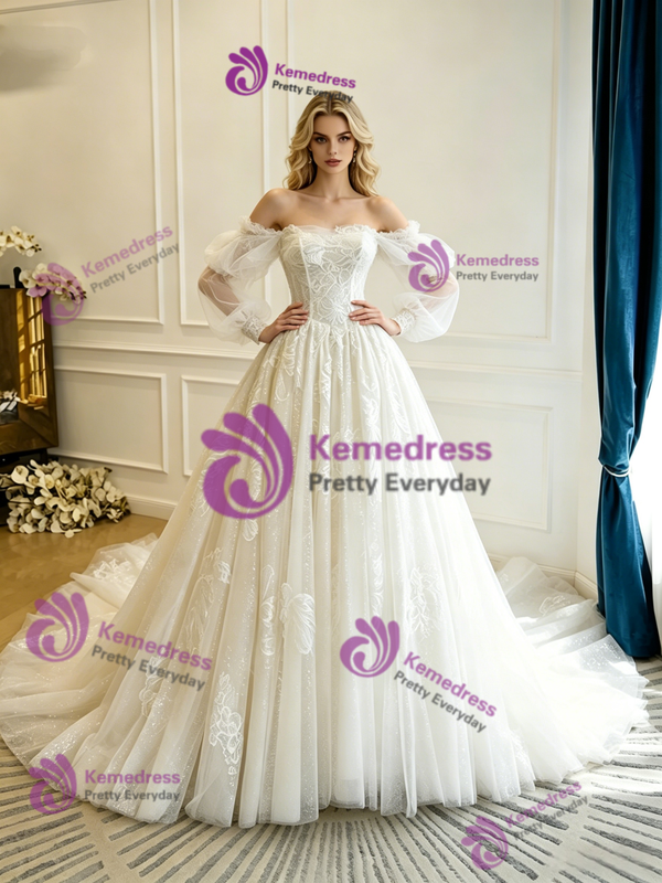 White Tulle Lace Long Sleeve Wedding Dress