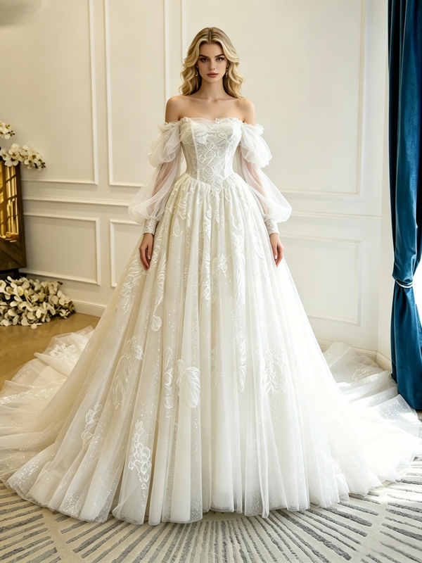 White Tulle Lace Long Sleeve Wedding Dress
