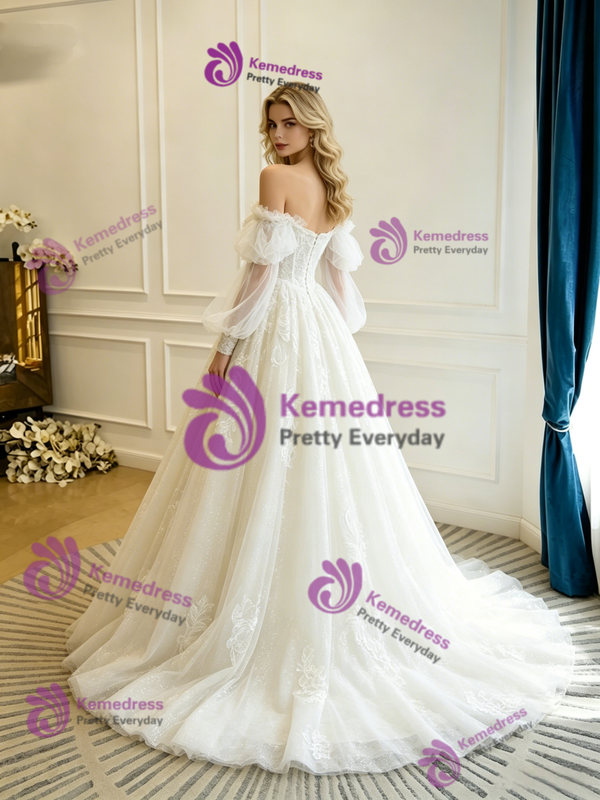 White Tulle Lace Long Sleeve Wedding Dress
