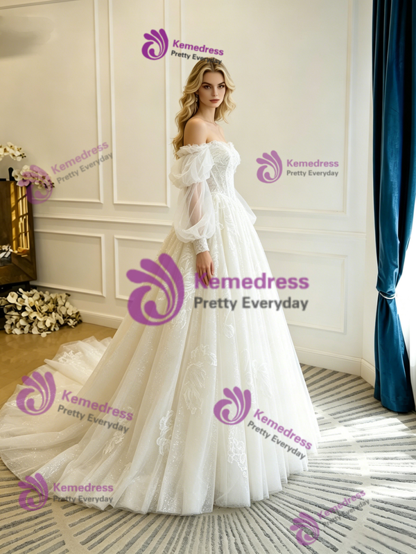 White Tulle Lace Long Sleeve Wedding Dress