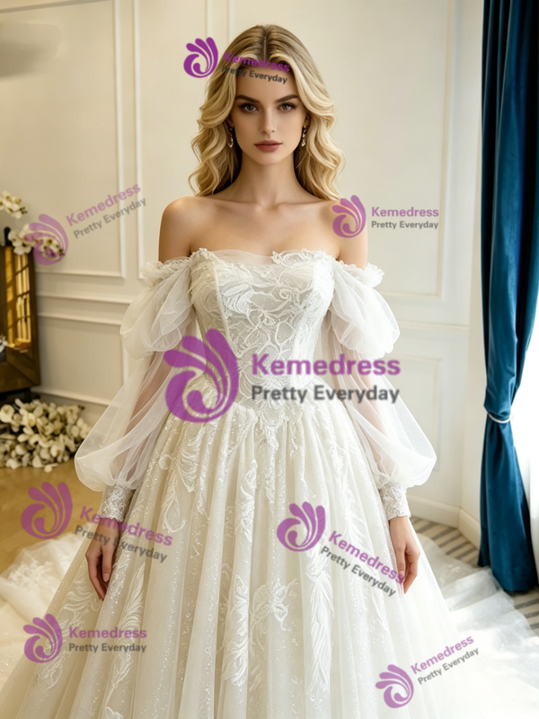 White Tulle Lace Long Sleeve Wedding Dress