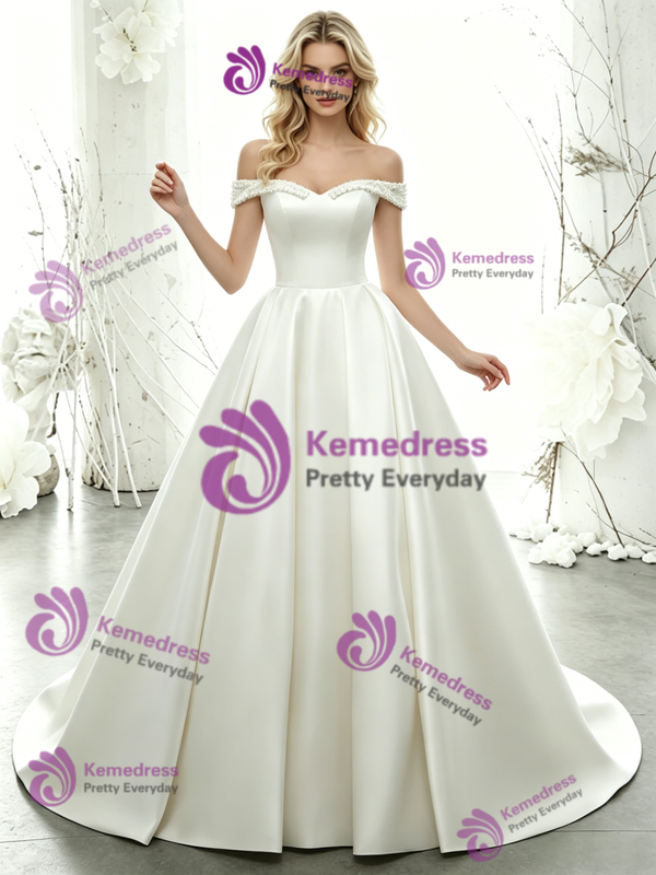 White Satin Off the Shoulder Beading Wedding Dress