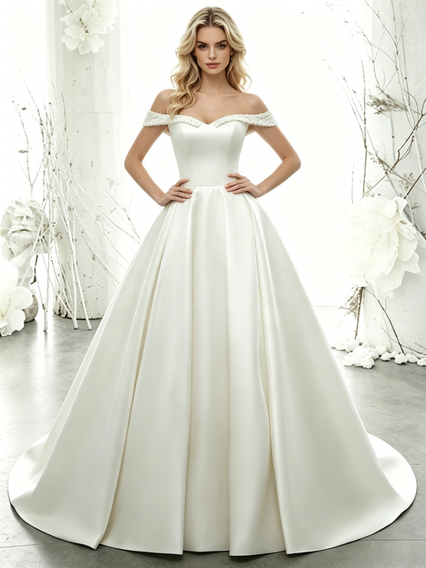 White Satin Off the Shoulder Beading Wedding Dress