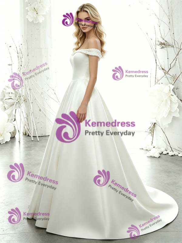 White Satin Off the Shoulder Beading Wedding Dress
