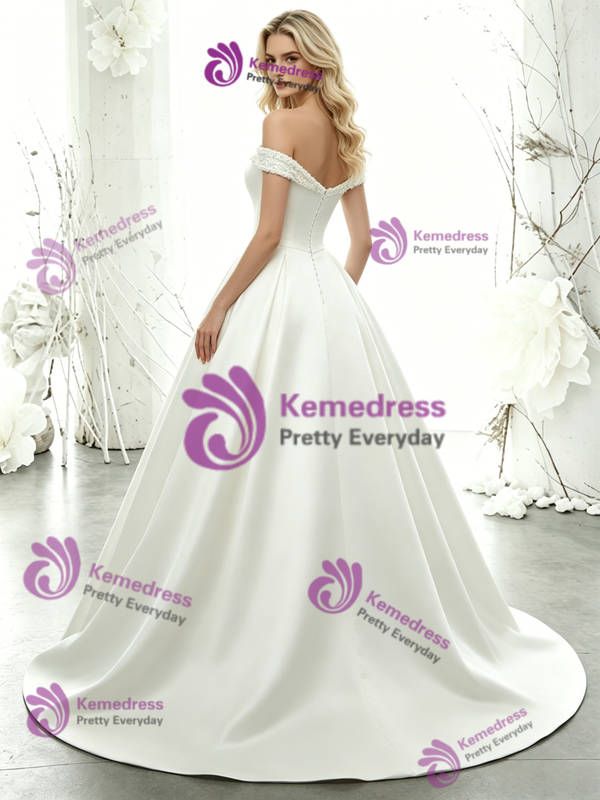 White Satin Off the Shoulder Beading Wedding Dress