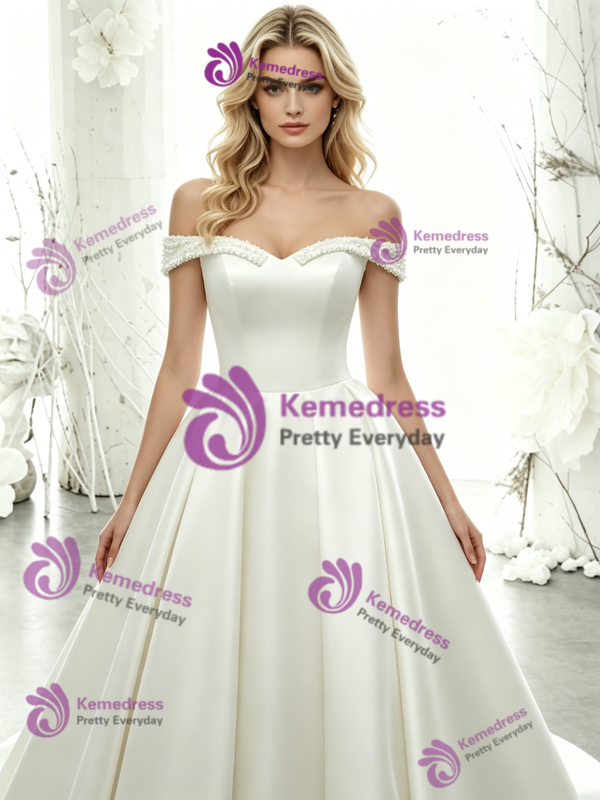 White Satin Off the Shoulder Beading Wedding Dress