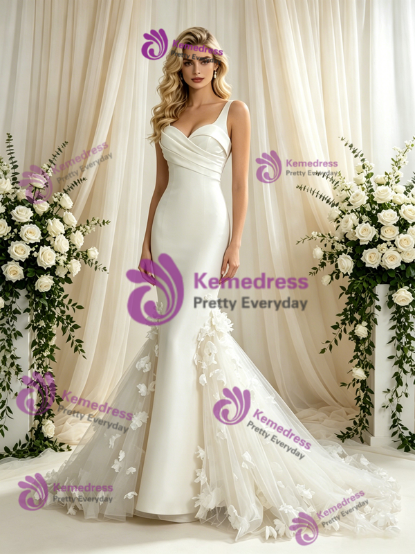 Ivory Mermaid Straps Appliques Wedding Dress