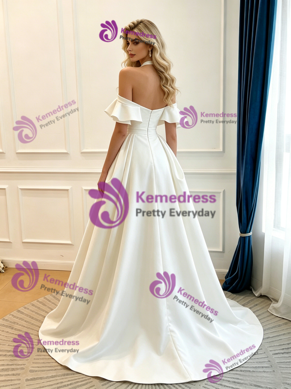 Beige White Satin Halter Pleats Wedding Dress