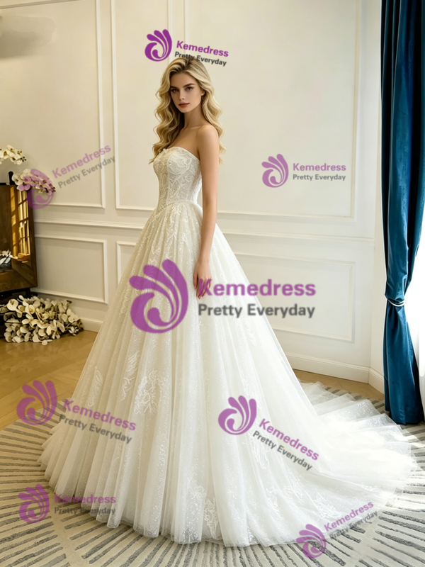 Beige White Tulle Lace Strapless Wedding Dress