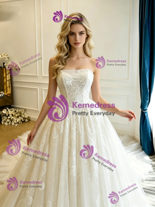 Beige White Tulle Lace Strapless Wedding Dress