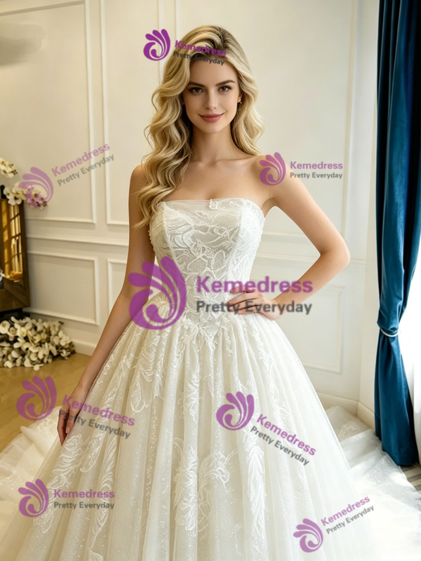 Beige White Tulle Lace Strapless Wedding Dress