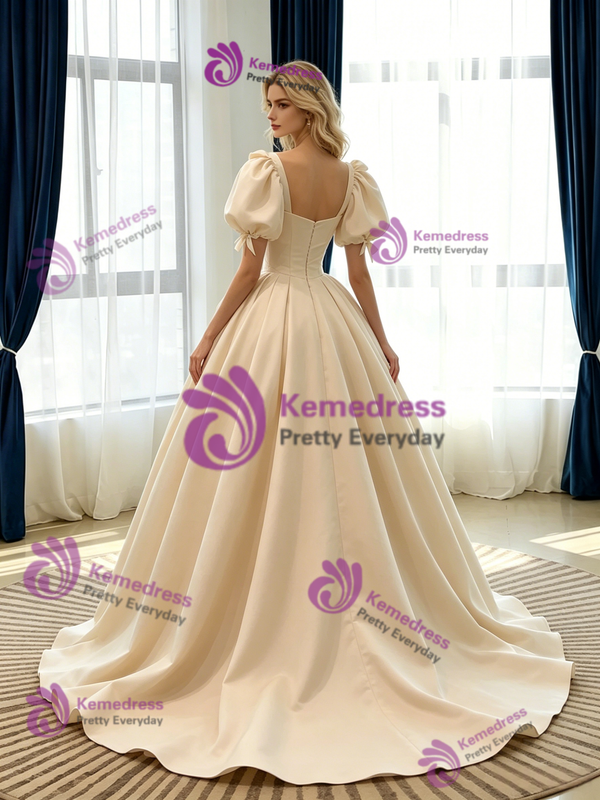 Champagne Satin Puff Sleeve Pleats Wedding Dress