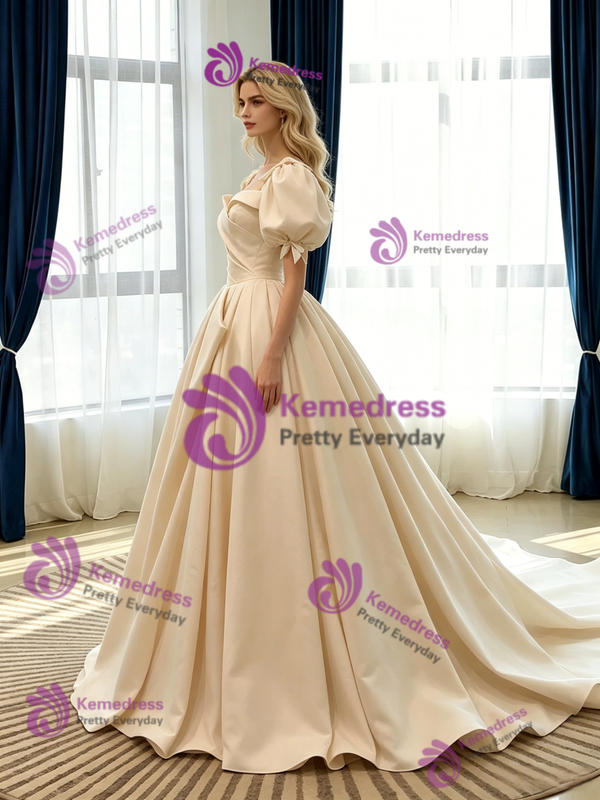 Champagne Satin Puff Sleeve Pleats Wedding Dress