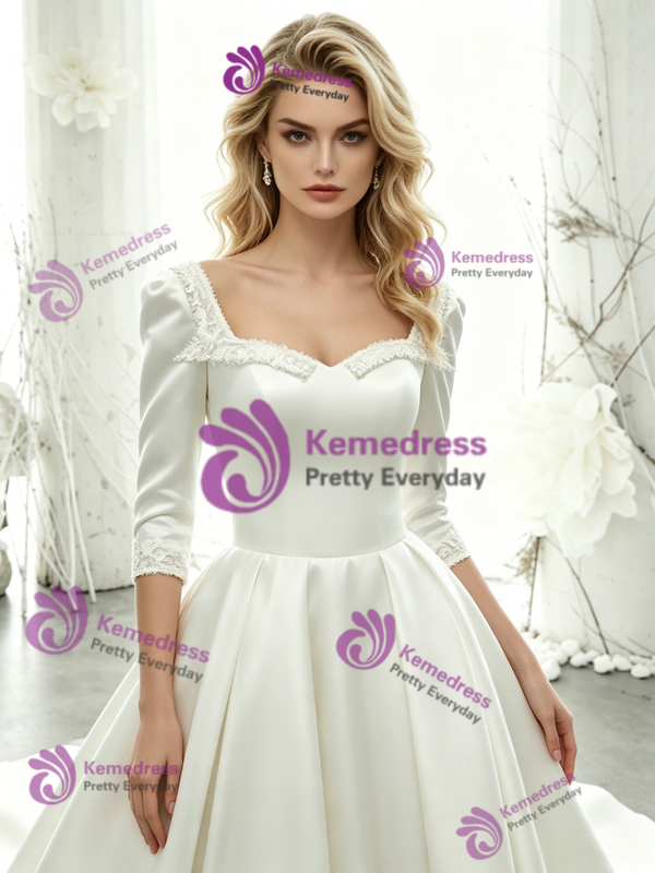 White Satin Short Sleeve Wedding Dress