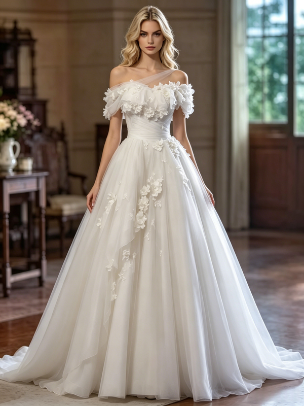 White Tulle One Shoulder Pleats Appliques Wedding Dress