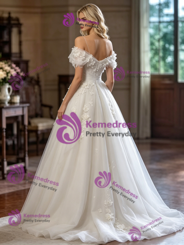 White Tulle One Shoulder Pleats Appliques Wedding Dress
