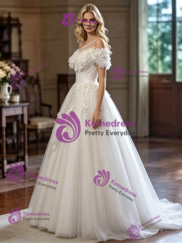 White Tulle One Shoulder Pleats Appliques Wedding Dress