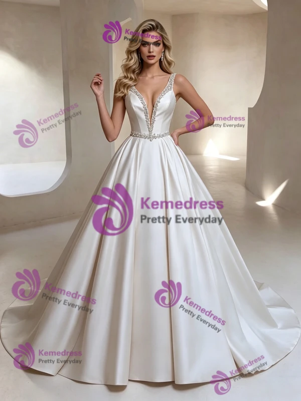White Satin V-neck Beading Wedding Dress