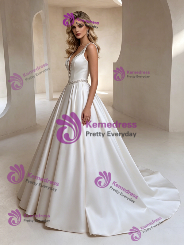 White Satin V-neck Beading Wedding Dress