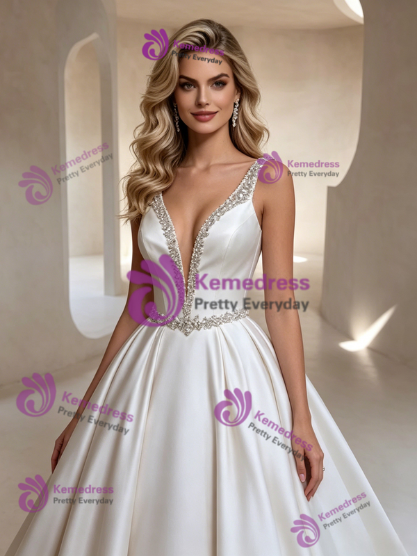 White Satin V-neck Beading Wedding Dress