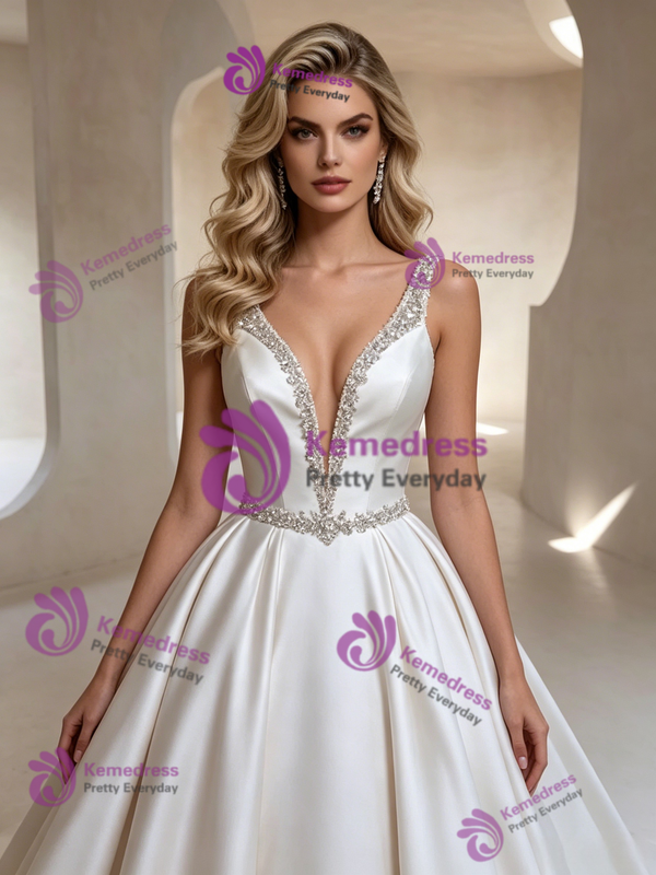White Satin V-neck Beading Wedding Dress